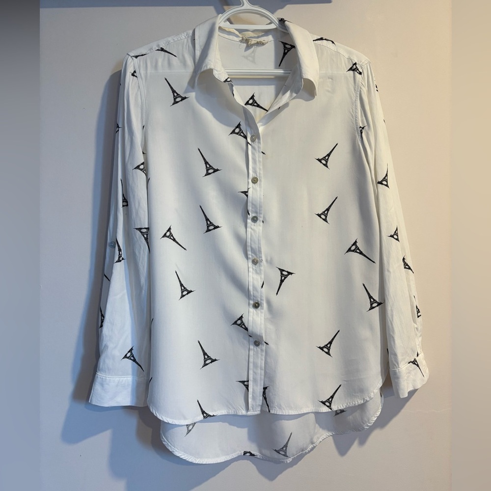 Jane and Delancey White Blouse with Black Eiffel Tower Print